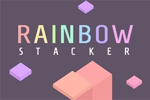 Chữ RAINBOW STACKER nhiều màu trên nền tối với các khối màu hồng và tím xung quanh