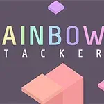 Chữ RAINBOW STACKER nhiều màu trên nền tối với các khối màu hồng và tím xung quanh