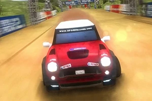 Rally Point 2 Một chiếc xe ô tô đua màu đỏ đang chạy nhanh trên đường đua đất màu vàng, với cờ đuôi nheo ở phía xa