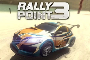 Xe đua thể thao màu cam và xanh trên đường đua sa mạc với dòng chữ Rally Point 3 phía trên
