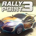 Xe đua thể thao màu cam và xanh trên đường đua sa mạc với dòng chữ Rally Point 3 phía trên