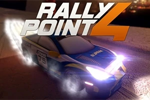Rally Point 4 Xe đua thể thao với đèn pha sáng và hiệu ứng tốc độ trên nền mờ cùng dòng chữ lớn Rally Point 4