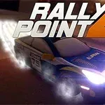 Rally Point 4 Xe đua thể thao với đèn pha sáng và hiệu ứng tốc độ trên nền mờ cùng dòng chữ lớn Rally Point 4