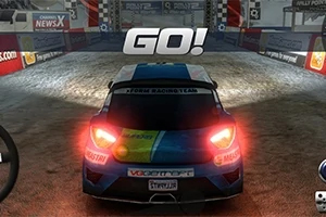 Rally Point Xe đua với đèn hậu sáng đang chuẩn bị xuất phát trên đường đua, kèm chữ GO!