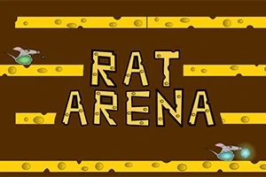 Chuột cầm bom xanh, với chữ RAT ARENA lớn ở giữa nền nâu và đường viền phô mai vàng