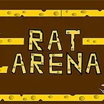Chuột cầm bom xanh, với chữ RAT ARENA lớn ở giữa nền nâu và đường viền phô mai vàng