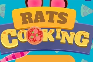 Tiêu đề Rats Cooking với chữ O được thiết kế như một chiếc bánh pizza, nền màu xanh với hình vẽ phô mai