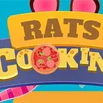 Tiêu đề Rats Cooking với chữ O được thiết kế như một chiếc bánh pizza, nền màu xanh với hình vẽ phô mai