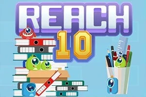 Hình ảnh có dòng chữ Reach 10 với các nhân vật hoạt hình mắt to nằm trên chồng sách và hộp bút trên nền màu xanh