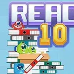 Hình ảnh có dòng chữ Reach 10 với các nhân vật hoạt hình mắt to nằm trên chồng sách và hộp bút trên nền màu xanh