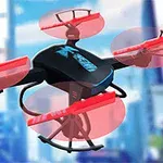 Máy bay không người lái nhỏ màu đen với cánh quạt và chi tiết màu đỏ, đang bay trên nền cảnh thành phố mờ