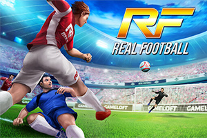 Cầu thủ bóng đá đang sút bóng trên sân vận động, với biểu tượng RF và dòng chữ Real Football ở góc trên