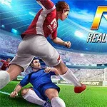 Cầu thủ bóng đá đang sút bóng trên sân vận động, với biểu tượng RF và dòng chữ Real Football ở góc trên