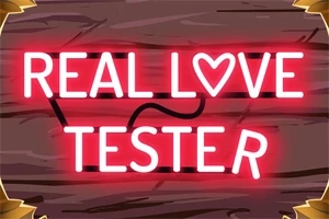 Dòng chữ REAL LOVE TESTER bằng đèn neon màu đỏ trên nền gỗ với hình trái tim thay cho chữ O