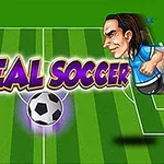 Hai nhân vật hoạt hình đối đầu nhau trên sân bóng đá với dòng chữ REAL SOCCER và một quả bóng ở giữa