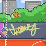 Sân bóng rổ ngoài trời với bóng rổ đang bay về phía rổ, xung quanh có tường graffiti và cây xanh