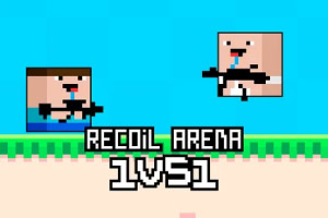 Hai nhân vật pixel với súng trong bối cảnh màu xanh, cùng dòng chữ RECOIL ARENA 1VS1