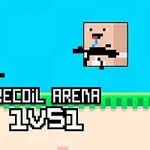 Hai nhân vật pixel với súng trong bối cảnh màu xanh, cùng dòng chữ RECOIL ARENA 1VS1