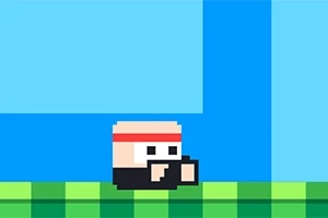 Nhân vật pixel nhỏ đội băng đô đỏ đứng trên nền đất màu xanh pixel