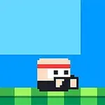 Nhân vật pixel nhỏ đội băng đô đỏ đứng trên nền đất màu xanh pixel