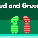 Hai nhân vật pixel với một xanh lá và một đỏ đứng cạnh nhau trên nền xanh lục, có tiêu đề Red and Green 4 ở phía trên