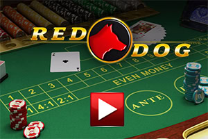 Bàn chơi bài với các lá bài, chip poker và logo có hình chú chó đỏ
