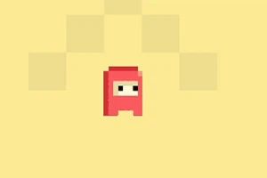 Nhân vật pixel nhỏ màu đỏ với đôi mắt tròn trên nền màu vàng nhạt
