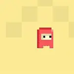 Nhân vật pixel nhỏ màu đỏ với đôi mắt tròn trên nền màu vàng nhạt