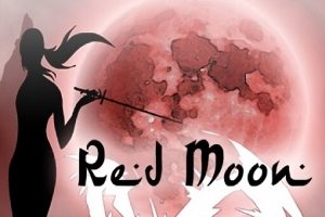Một bóng người cầm kiếm đứng trước mặt trăng đỏ với dòng chữ Red Moon
