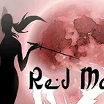 Một bóng người cầm kiếm đứng trước mặt trăng đỏ với dòng chữ Red Moon