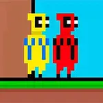 Hai nhân vật pixel màu vàng và đỏ đứng cạnh nhau trên nền cỏ với bối cảnh bầu trời xanh