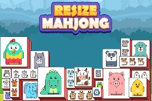Hình ảnh gồm các khối có hình động vật ngộ nghĩnh và dòng chữ RESIZE MAHJONG