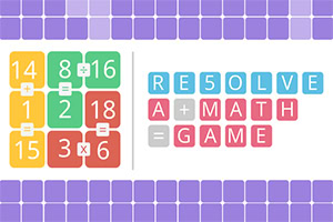 Các ô vuông màu sắc với các con số và phép tính ở bên trái, và các ô chữ RE5OLVE A MATH GAME ở bên phải trên nền tím