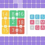 Các ô vuông màu sắc với các con số và phép tính ở bên trái, và các ô chữ RE5OLVE A MATH GAME ở bên phải trên nền tím