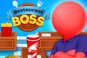 Nhân vật đỏ đứng trước ly nước và hộp khoai tây chiên, với logo có chữ Restaurant Boss ở phía trên