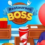 Nhân vật đỏ đứng trước ly nước và hộp khoai tây chiên, với logo có chữ Restaurant Boss ở phía trên