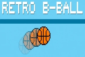 Hình ảnh hiển thị quả bóng rổ pixel di chuyển trên nền xanh với chữ Retro B-Ball phía trên