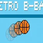 Hình ảnh hiển thị quả bóng rổ pixel di chuyển trên nền xanh với chữ Retro B-Ball phía trên