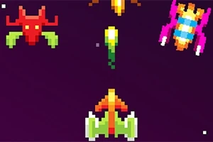 Các phi thuyền và sinh vật ngoài hành tinh pixel nhiều màu sắc trên nền tím