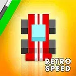 Xe đua phong cách cổ điển màu đỏ với vệt đường đua xung quanh trên nền vàng cùng chữ Retro Speed