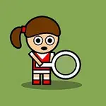 Nhân vật hoạt hình mặc đồ đỏ trắng cầm vợt tennis trên nền xanh lá cây