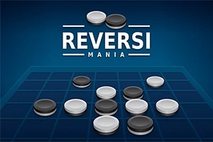 Đồ họa với tên Reversi Mania cùng các quân cờ đen và trắng trên bàn cờ lưới xanh
