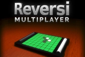 Dòng chữ Reversi Multiplayer nổi bật trên nền tối với hình ảnh một bàn cờ xanh có quân cờ trắng và đen ở phía dưới