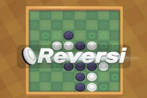 Bàn cờ với các quân cờ trắng và đen xếp thành hình chữ V, có chữ Reversi ở giữa