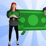 Hai nhân vật hoạt hình đứng dựa vào tờ tiền lớn màu xanh, một người phụ nữ tóc đỏ cầm tiền và một người đàn ông mặc vest xanh