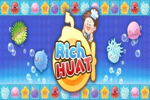 Hình ảnh hiển thị một đầu bếp hoạt hình cầm đĩa ăn, với các sinh vật biển như cá nóc và bạch tuộc xung quanh, trên nền xanh và dòng chữ Rich Huat