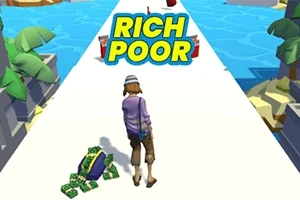Một nhân vật đang đi trên con đường màu trắng với dòng chữ Rich Poor ở phía trên và có các đống tiền nằm trên đường, xung quanh là cảnh quan cây cối và nước
