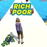 Một nhân vật đang đi trên con đường màu trắng với dòng chữ Rich Poor ở phía trên và có các đống tiền nằm trên đường, xung quanh là cảnh quan cây cối và nước