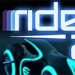 Chữ rider 2 phát sáng với hình ảnh các xe mô tô phát sáng màu xanh và cam
