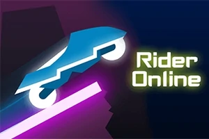 Xe máy màu xanh neon chạy trên đường dốc màu tím với dòng chữ Rider Online